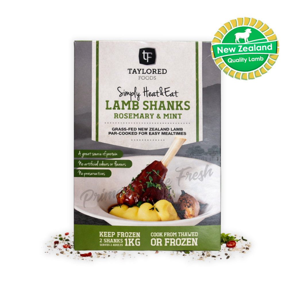 Packaged lamb shanks with rosemary and mint flavor on a white background, featuring Taylored Foods branding.