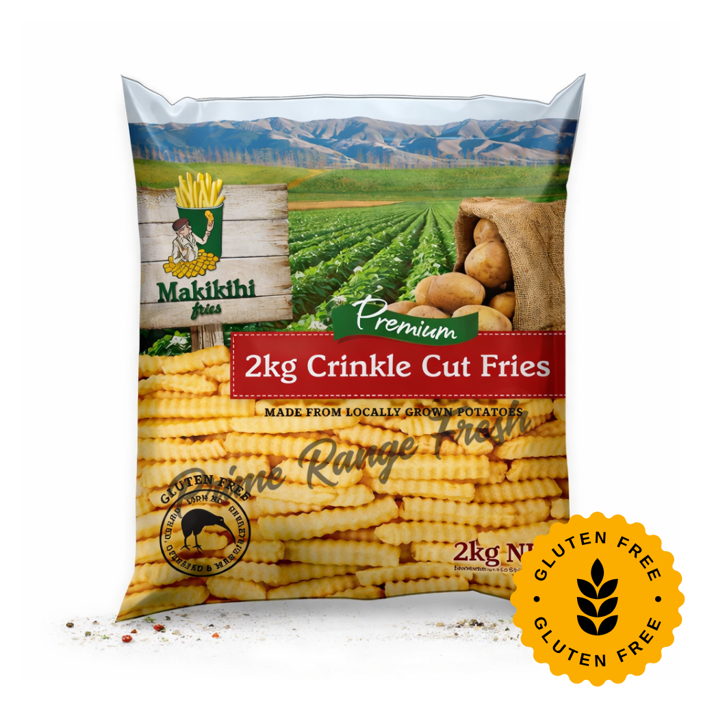 Bag of Makithi Premium 2kg Crinkle Cut Fries with a scenic background