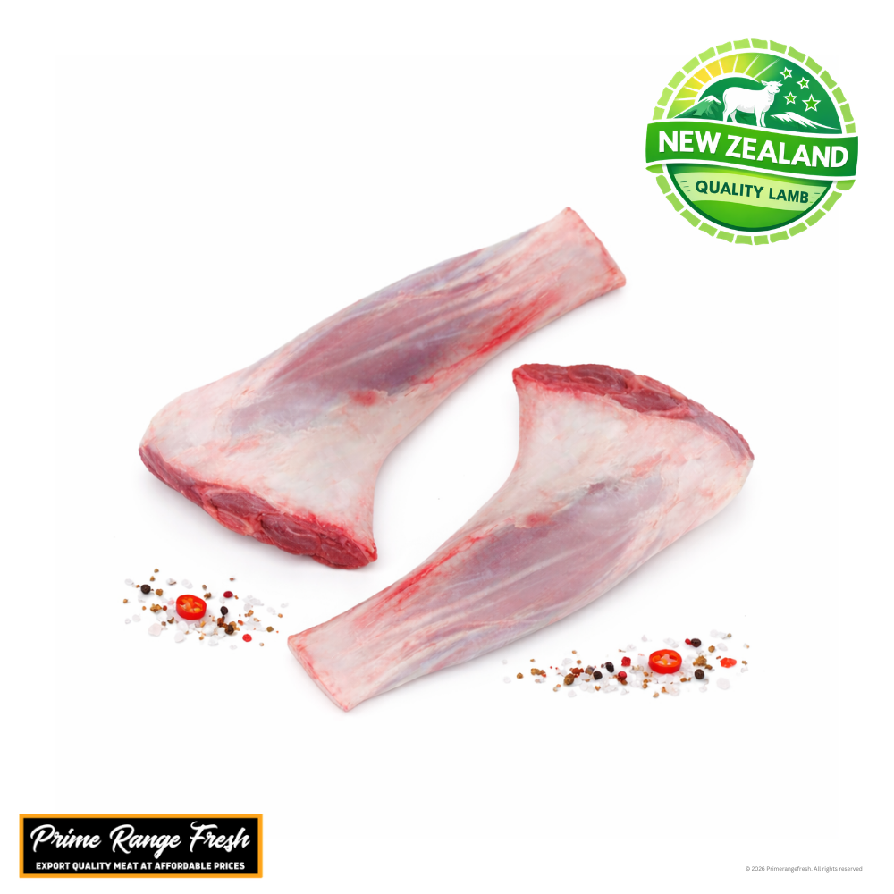 Two raw lamb bones with New Zealand Quality Lamb logo and Prime Range Fresh branding on a white background.