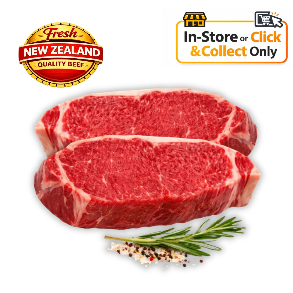 Two raw steaks with New Zealand quality beef logo and text indicating in-store or click & collect only.