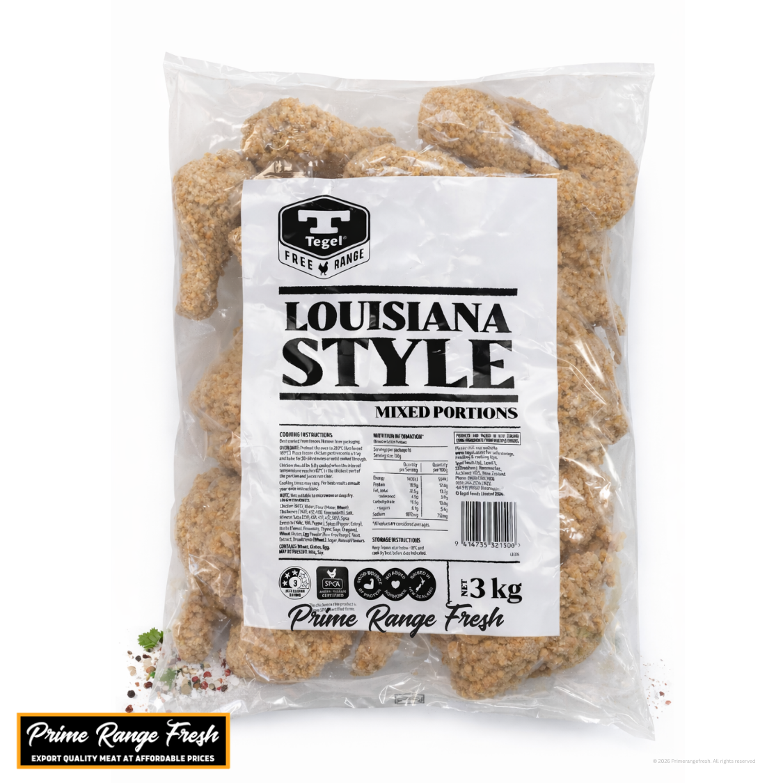 Packaged Louisiana style mixed portions with Tegel branding on a white background