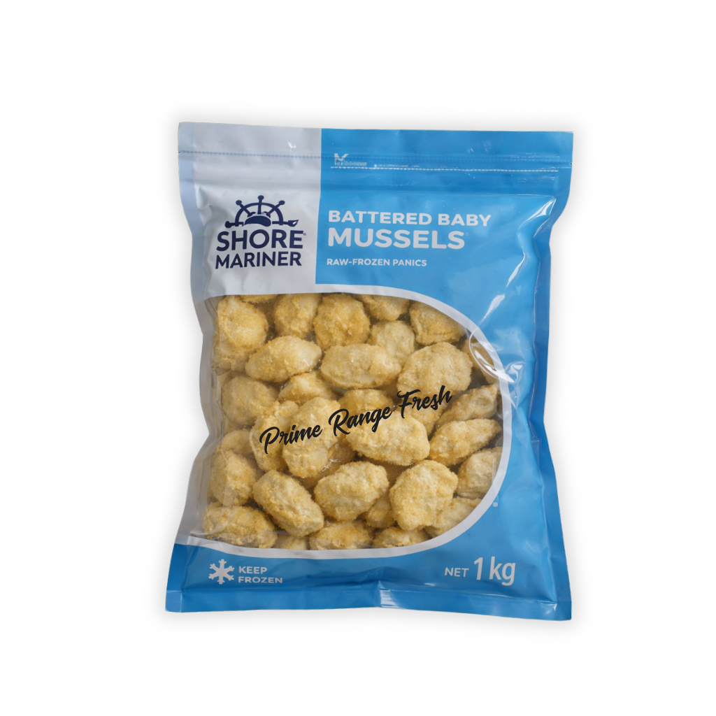 Packaged battered baby mussels with Shore Mariner branding on a white background
