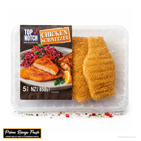 Top Notch Chicken Schnitzel packaging with two schnitzels on a white background