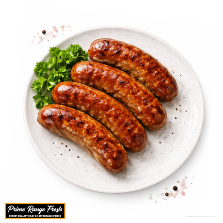 grilled beef sausages on a white plate