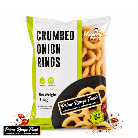 Packaging of crumbed onion rings with brand logo on a white background