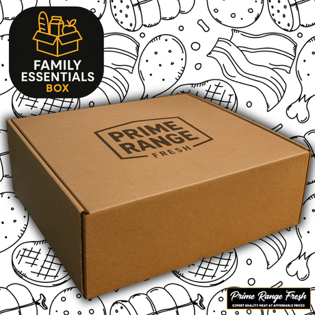 Brown cardboard box with 'Prime Range Fresh' branding on a white background with black line art illustrations. Family Essentials Box