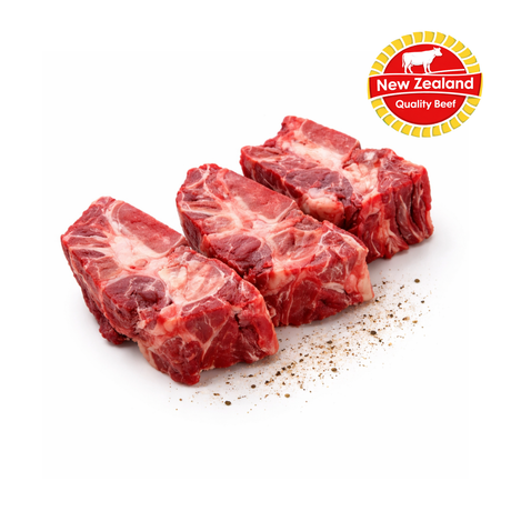 Three pieces of raw beef with New Zealand Quality Beef logo on a white background