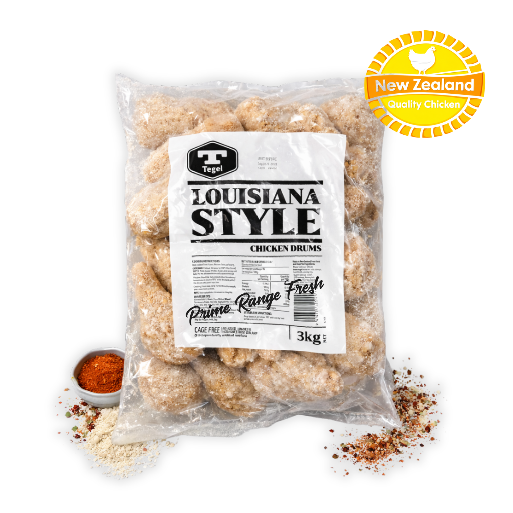 Packaged Louisiana Style chicken drums with a label on a white background