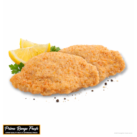 Two breaded fish fillets with lemon wedges on a white background, featuring 'Prime Range Fresh' branding.