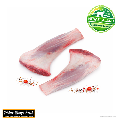 Two raw lamb bones with New Zealand Quality Lamb logo and Prime Range Fresh branding on a white background.