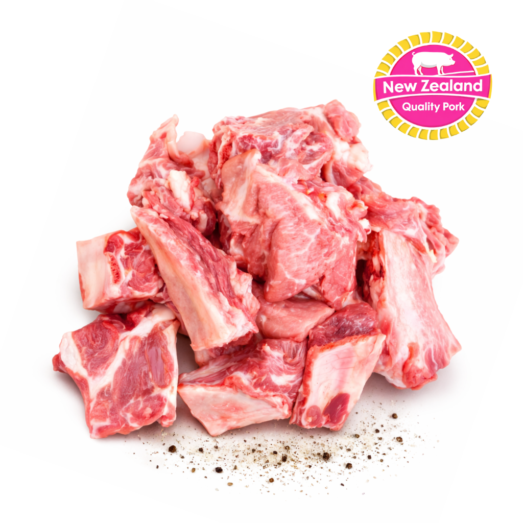 Raw pork bones with New Zealand Quality Pork logo on a white background