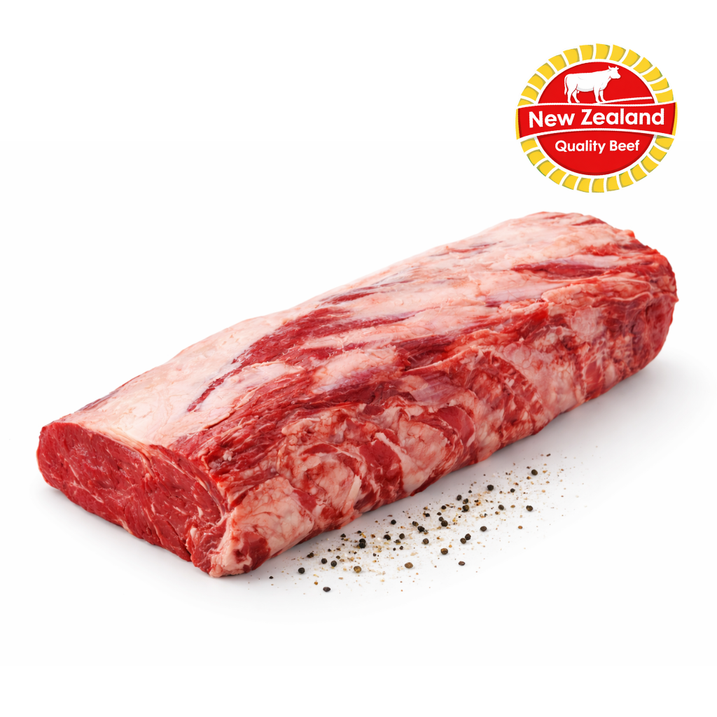 Raw beef ribeye with New Zealand Quality Beef logo on a white background