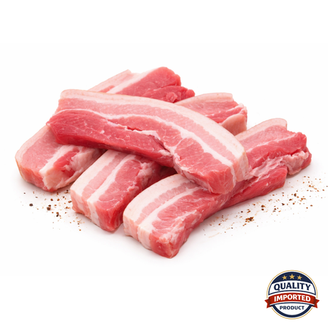 Raw pork belly slices on a white background with a 'Quality Imported Product' label.