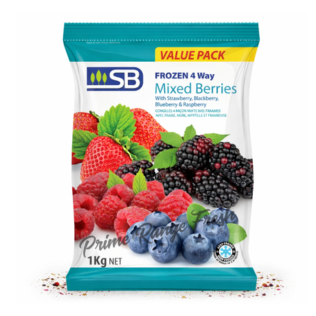 Packaging of frozen mixed berries with visible branding on a white background