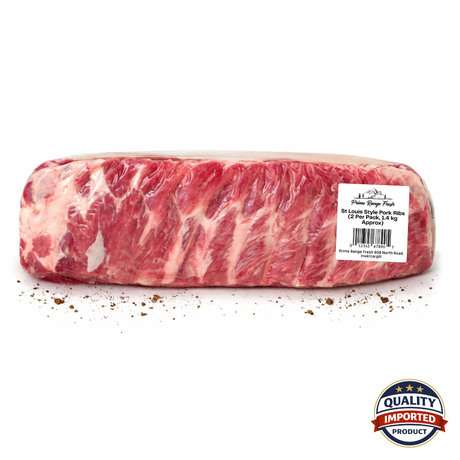 Raw pork ribs with a label on a white background, featuring a 'Quality Imported Product' logo.