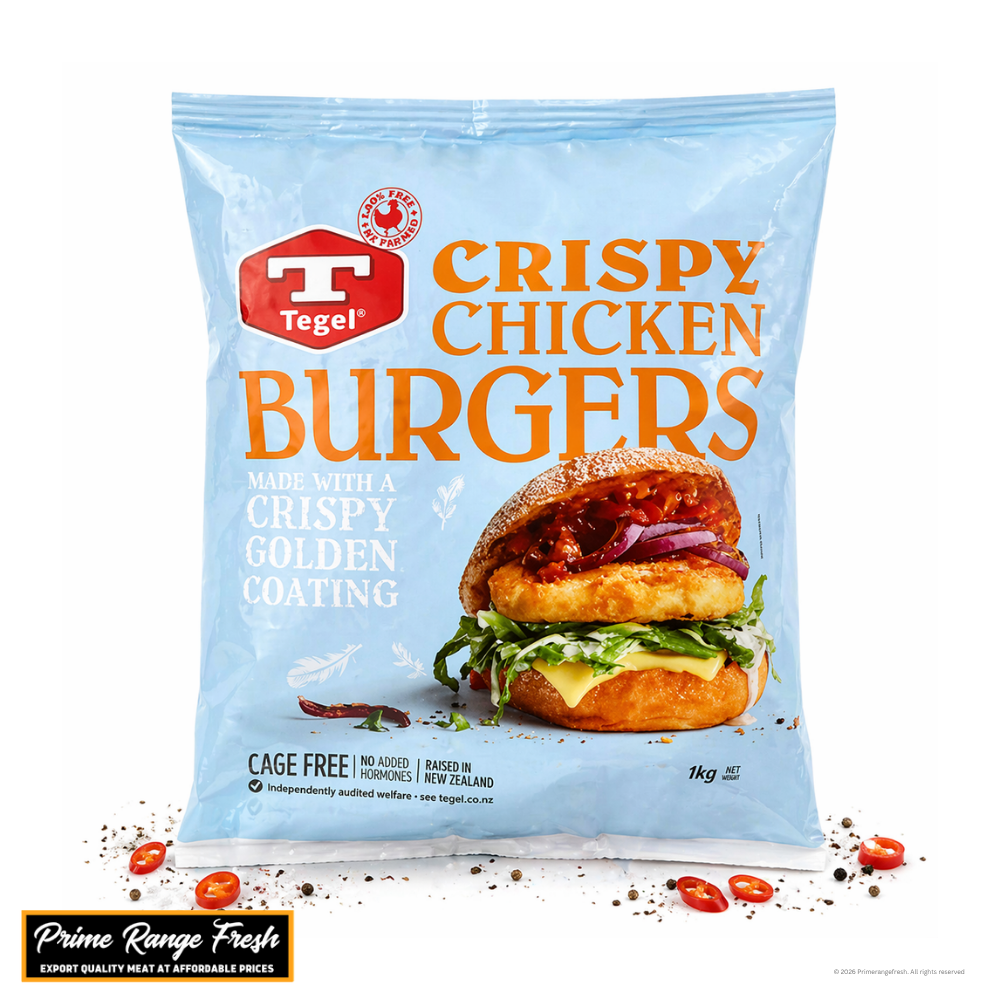 Package of Tegel Crispy Chicken Burgers with a burger image on a white background