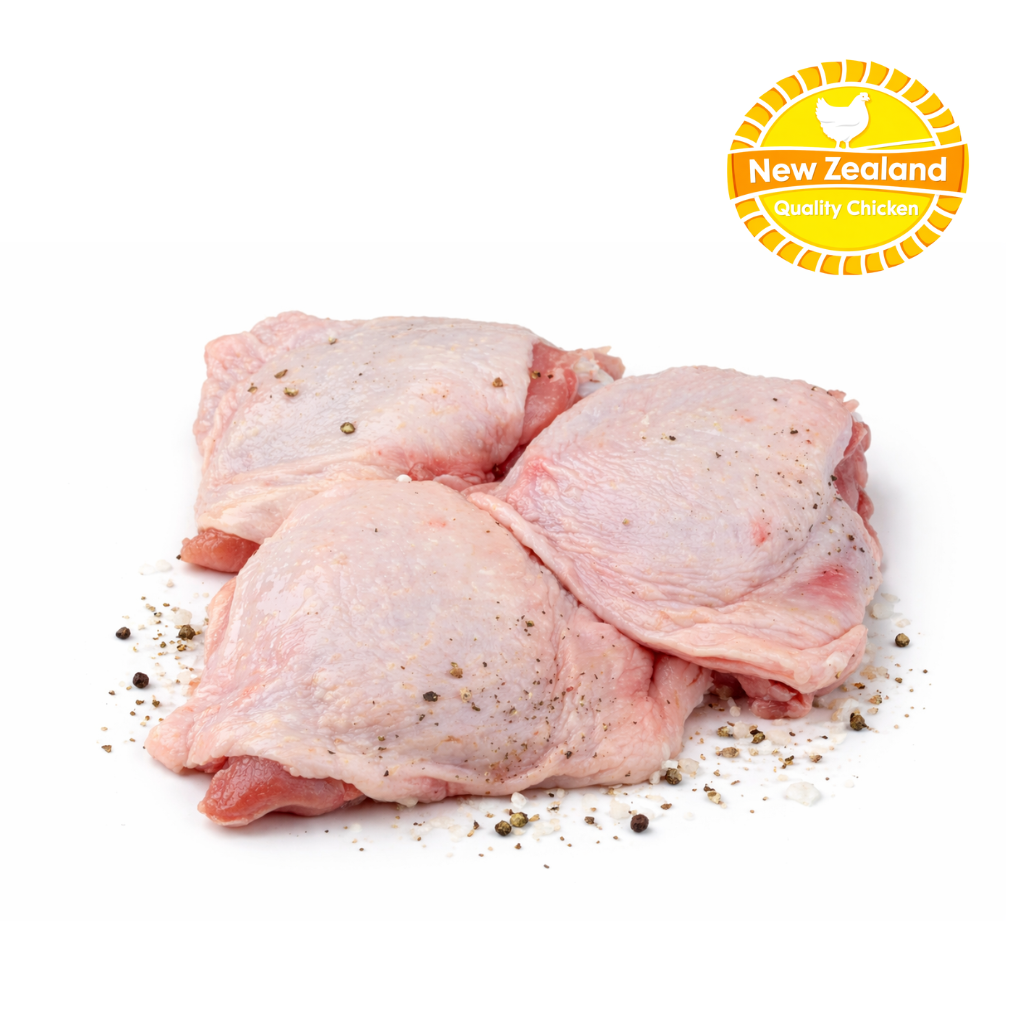 Raw chicken thighs with New Zealand Quality Chicken logo on a white background